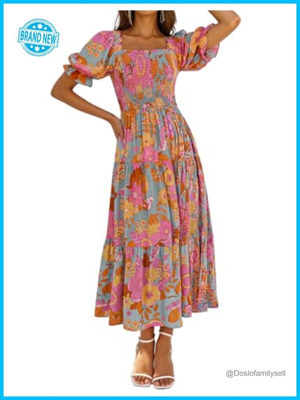 Boho Floral Ruffle Maxi Dress Square Neck Puff Short Sleeve Ruched Bust
